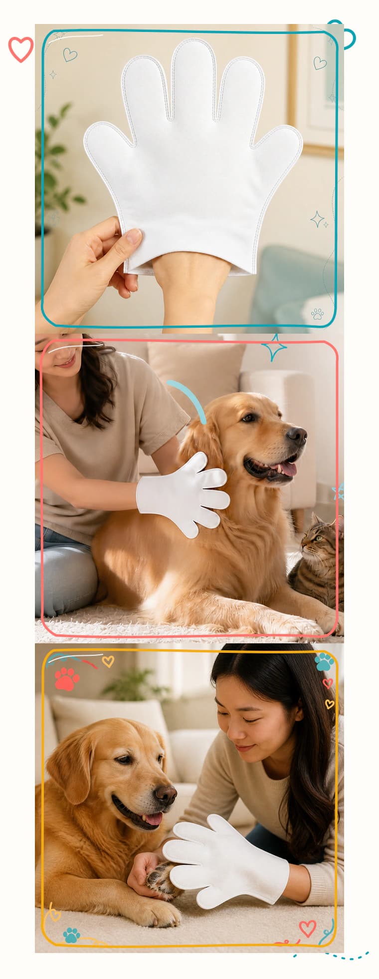สามขั้นตอนการใช้ PET SPA GLOVES แบบแนวตั้งสำหรับมือถือ