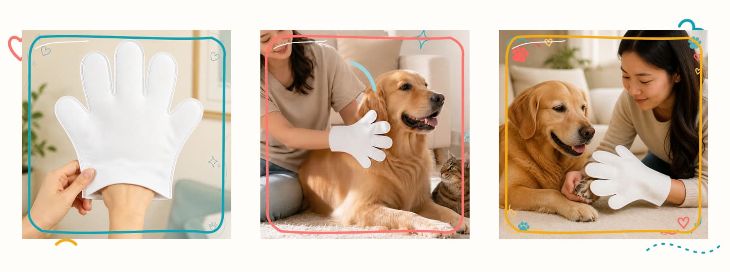 สามขั้นตอนการใช้ PET SPA GLOVES แบบแนวนอน ตั้งแต่สวมถุงมือ เช็ดลำตัว ไปจนถึงเช็ดอุ้งเท้า
