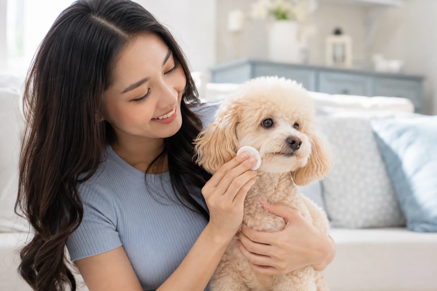 เจ้าของใช้สำลีเช็ดขนบริเวณแก้มและใบหน้าสุนัขอย่างเบามือ