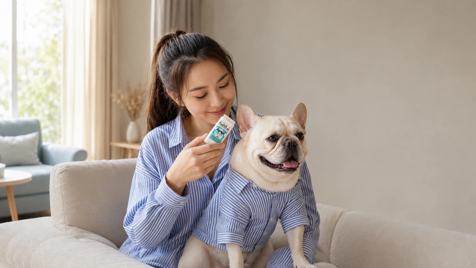 ผู้หญิงไทยเสื้อลายฟ้าดูแล French Bulldog สีครีมด้วย Sun Stick