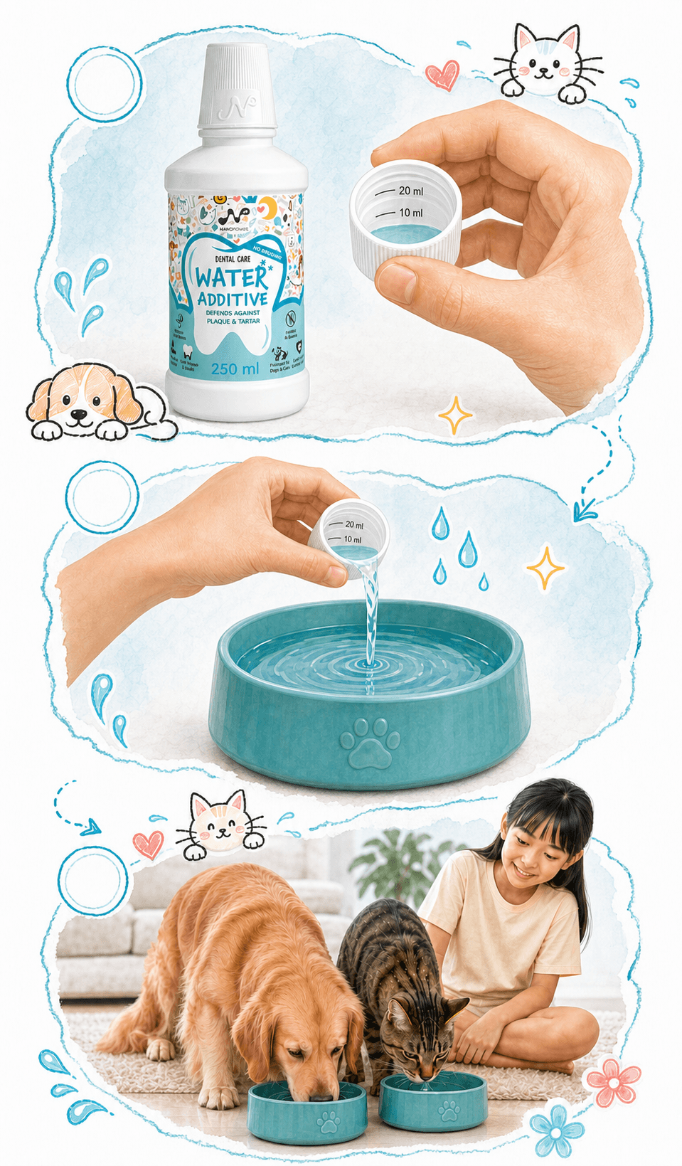 ภาพประกอบแนวตั้งสามขั้นตอน ใช้ฝาที่มีขีด 10 และ 20 มิลลิลิตรตวง Water Additive เติมลงในน้ำ และวางให้น้องดื่ม