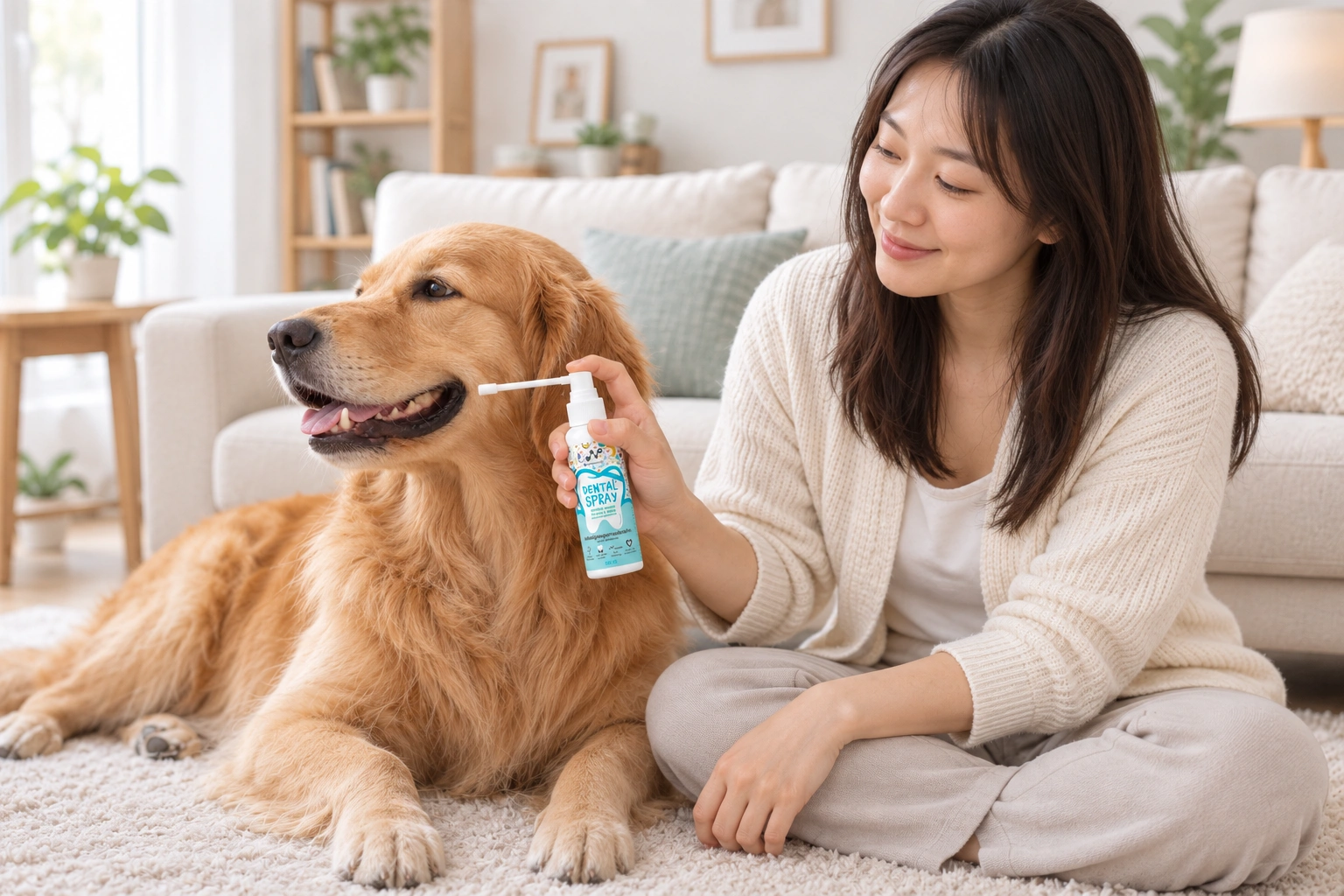 เจ้าของกด Dental Spray โดยหันก้านหัวฉีดเข้าบริเวณปากสุนัข ห่างจากดวงตาและจมูก