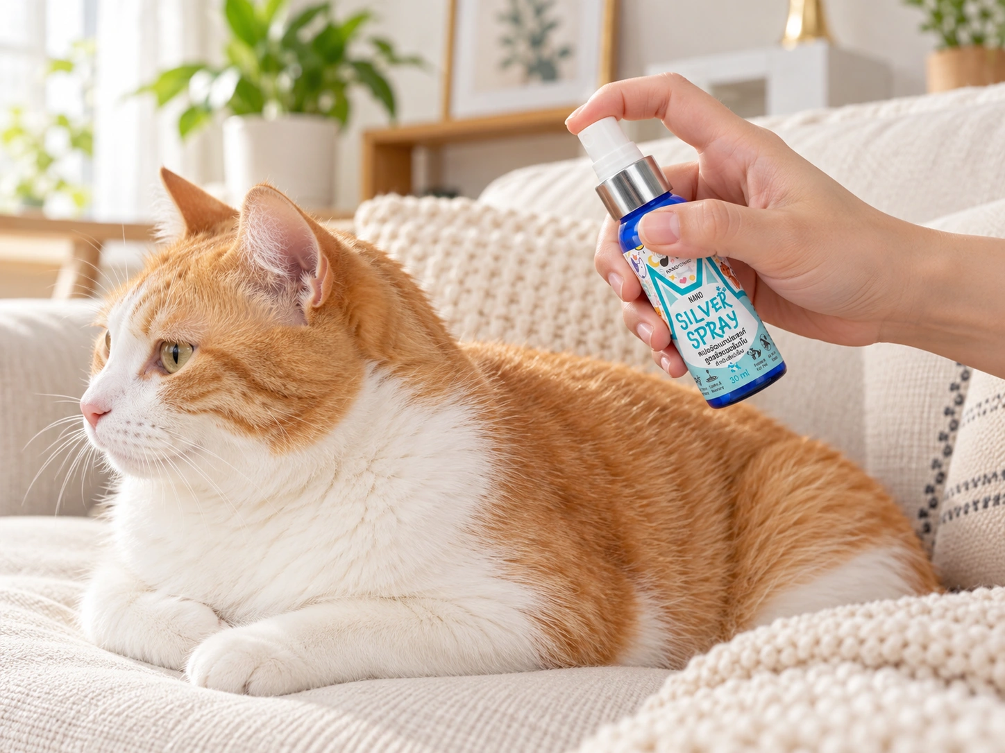 มือจับขวด Silver Spray 30 มล. หันฉลากเข้าหากล้องและกดหัวฉีดไปบริเวณหลังแมว โดยห่างจากใบหน้า