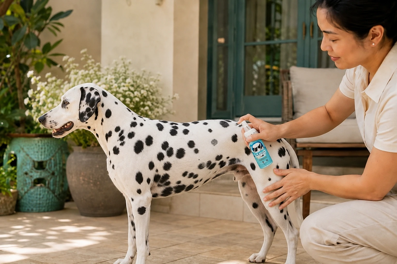ฉีด Sun Mist ลงบริเวณด้านข้างลำตัวดัลเมเชียน ห่างจากใบหน้า