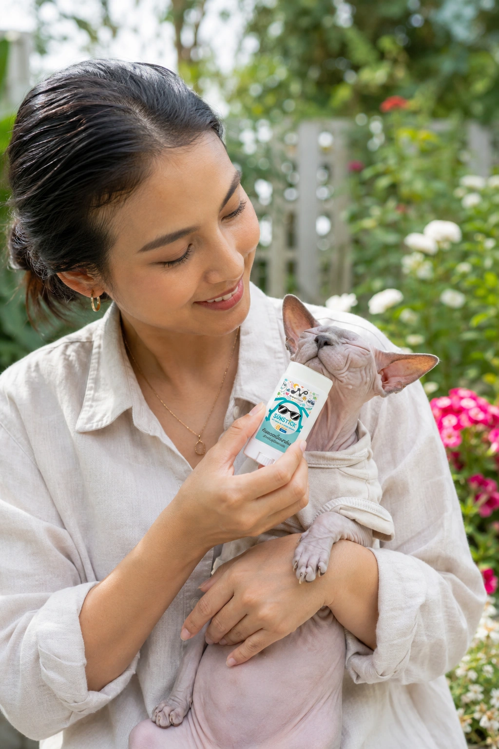 ผู้หญิงไทยดูแลผิวแมว Sphynx ด้วยบาล์ม Sun Stick