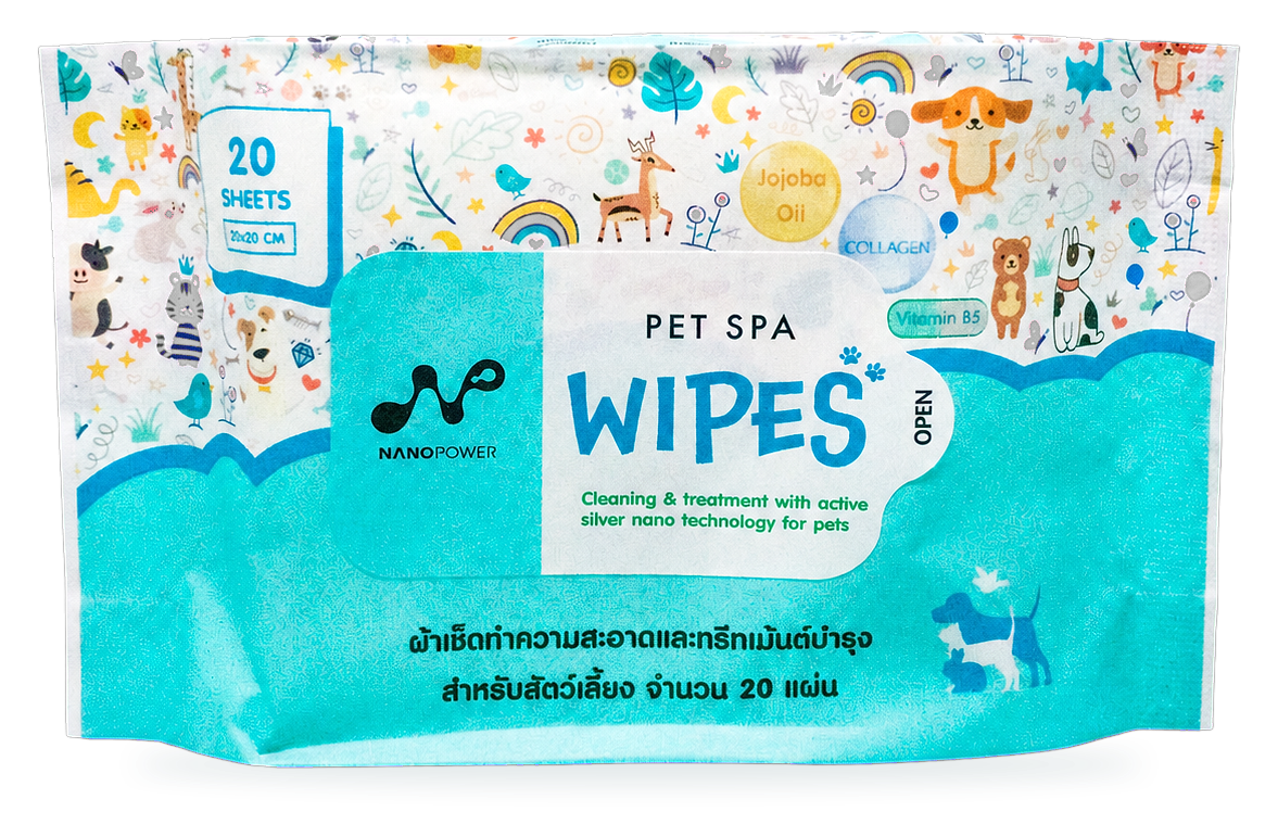 ซอง PET SPA WIPES ขนาด 20 แผ่น พร้อมแถบเปิดหยิบแผ่นเช็ด